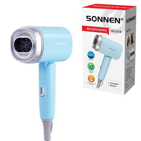 Фен для волос дорожный SONNEN HD-2318, 1500 Вт, складной, 2 температуры, 2 скорости, 454695