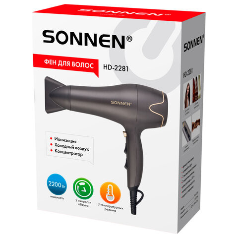 Фен для волос SONNEN HD-2281, 2200 Вт, турмалиновая ионизация, 3 температуры, холодный обдув, 454696 Фен для волос SONNEN HD-2281, 2200 Вт, турмалиновая ионизация, 3 температуры, холодный обдув, 454696